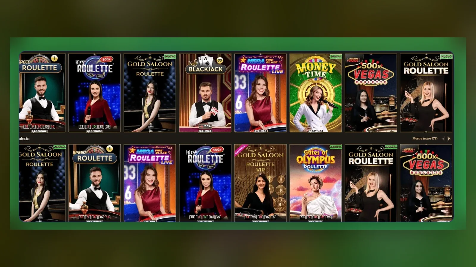 La sezione Casinò Live di Realz con tavoli di roulette e blackjack: giochi che contribuiscono al wagering solo per il 10% o nulla