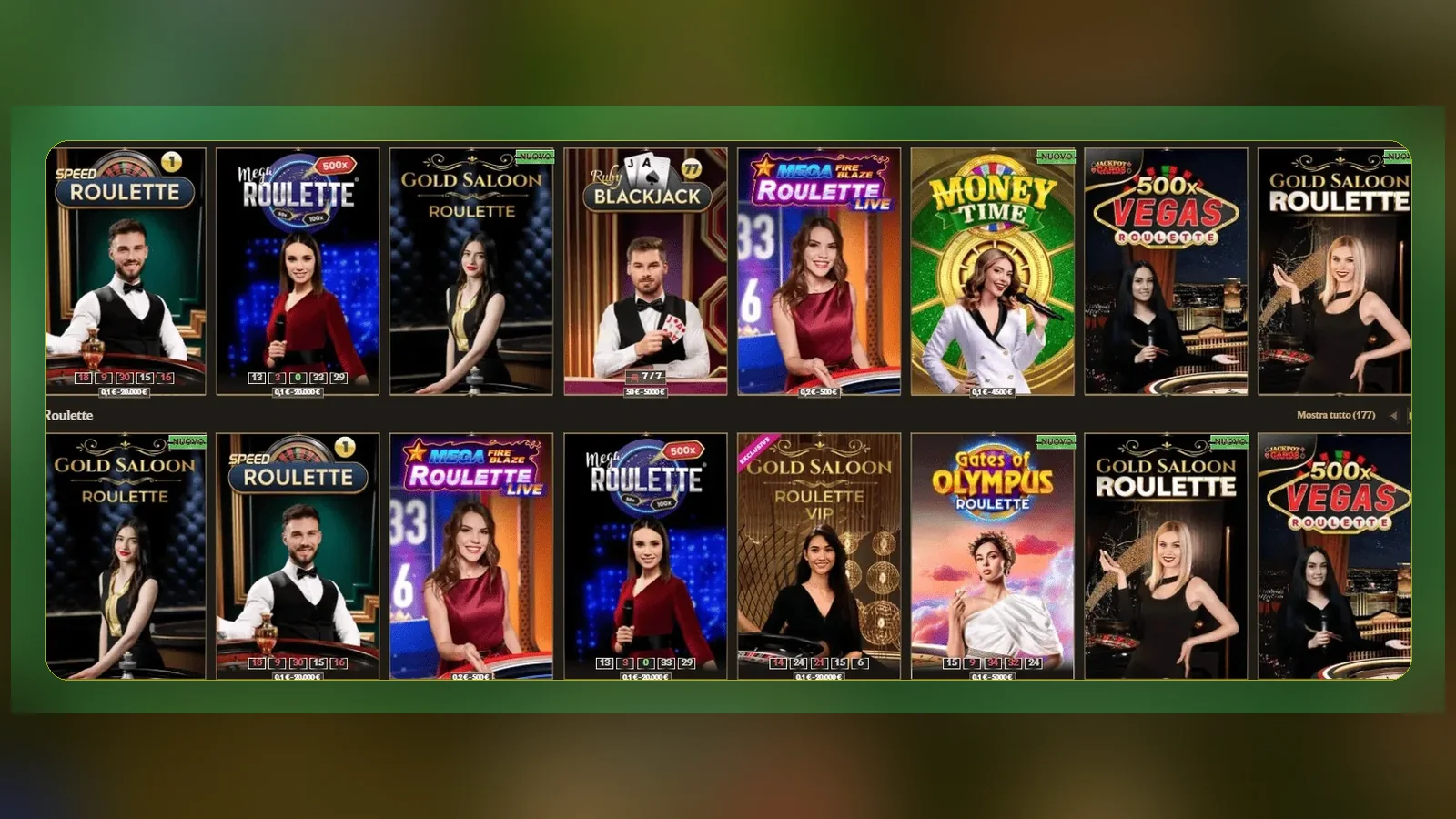 La sezione Casinò Live di Realz: tavoli di roulette e blackjack con croupier, raggiungibile dal menu laterale dopo l'accesso