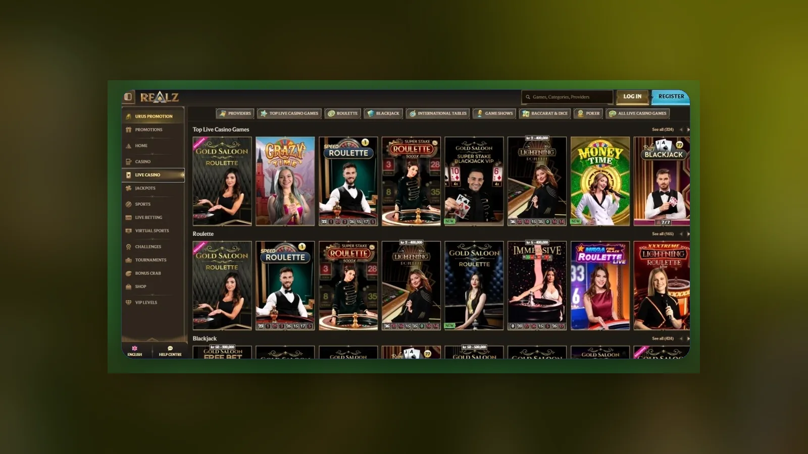 La sezione Casinò Live di Realz: tavoli di roulette e blackjack con croupier, una delle categorie del menu laterale