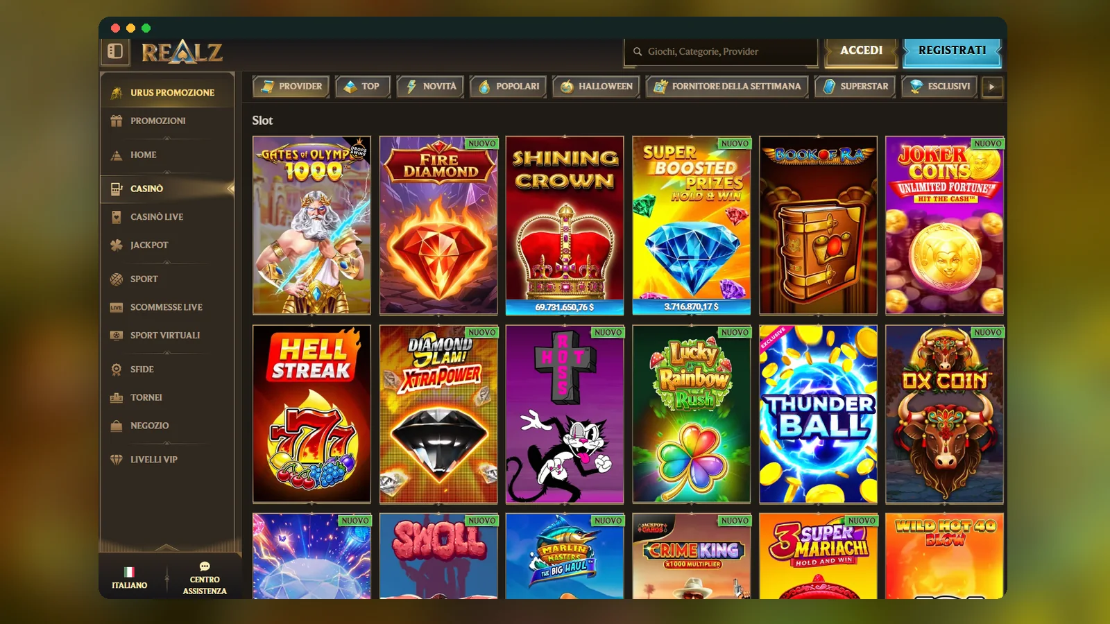 La finestra "Scegli il tuo bonus di benvenuto" di Realz con le sei opzioni: casinò, sport, pacchetti in USDT, codice promozionale e rinuncia
