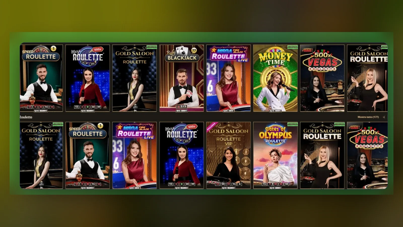 La sezione Casinò Live di Realz, raggiungibile dallo stesso menu dello sport: tavoli di roulette e blackjack con croupier