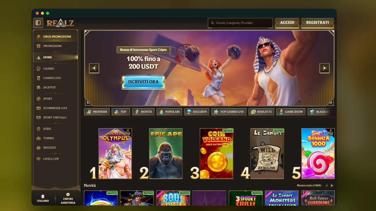 La pagina Casinò di Realz con la griglia delle slot, tra cui Gates of Olympus 1000, Book of Ra e Thunder Ball, e i filtri per categoria in alto