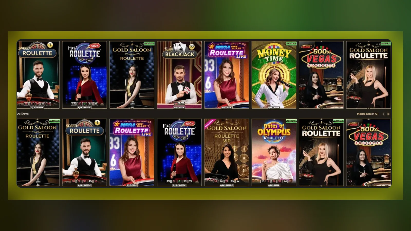 La sezione Casinò Live di Realz con tavoli di roulette e blackjack: i giochi dal vivo contano il 10% o lo 0% per il bonus